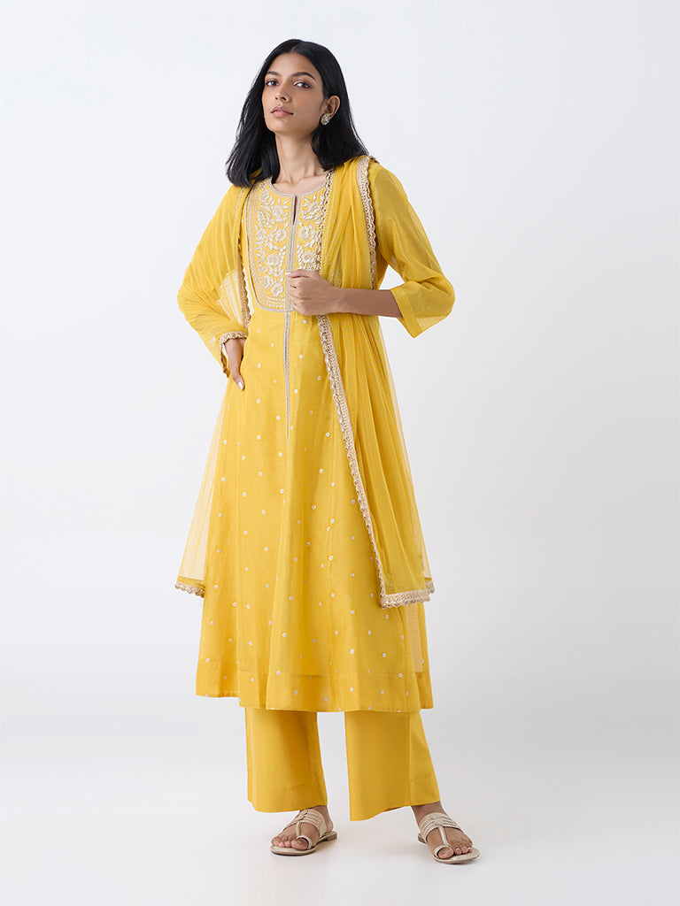 Vark Yellow Floral Embroidered A-Line Cotton-Blend Ethnic Set - Image 2
