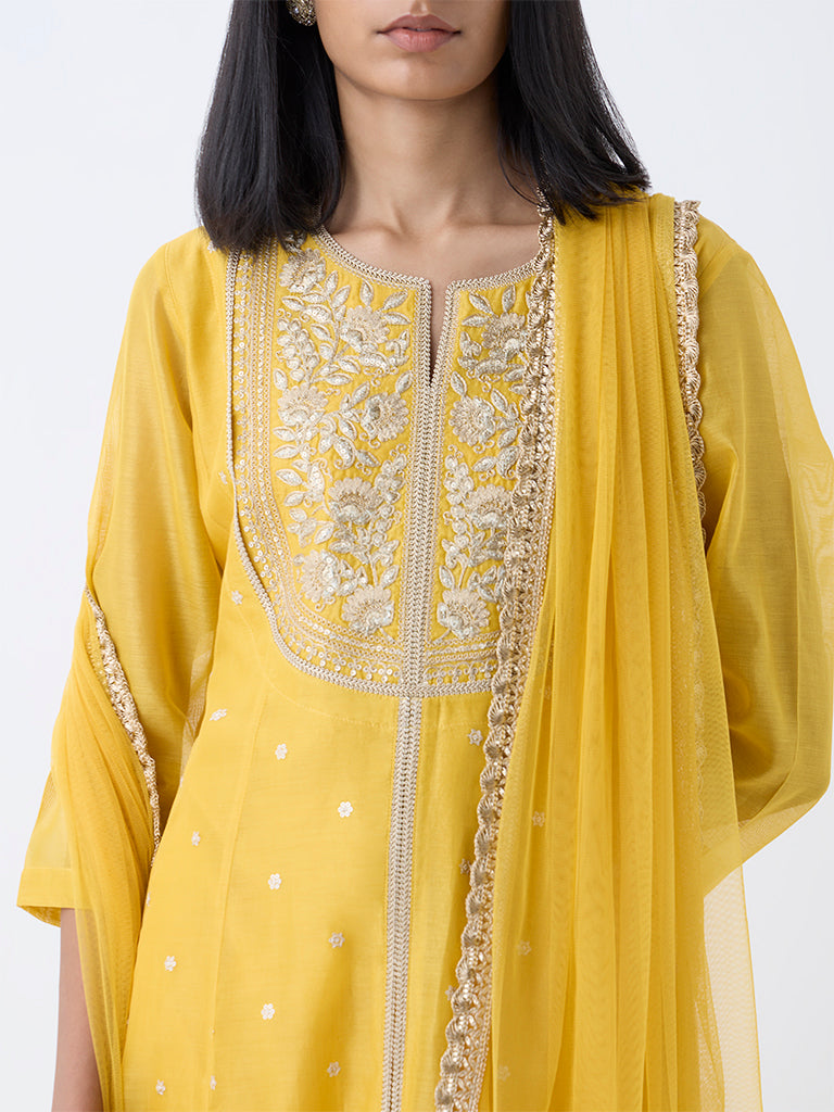 Vark Yellow Floral Embroidered A-Line Cotton-Blend Ethnic Set - Image 3