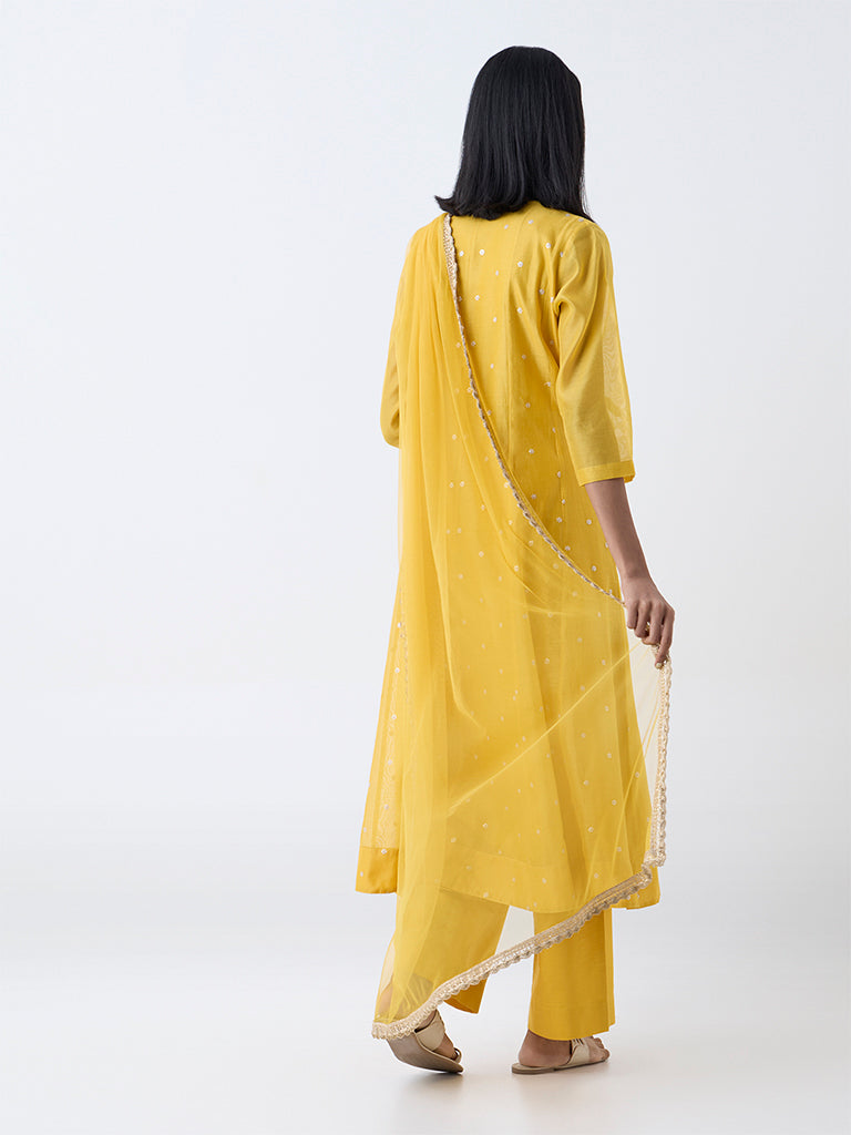 Vark Yellow Floral Embroidered A-Line Cotton-Blend Ethnic Set - Image 4