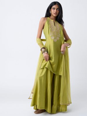 Vark Lime Floral Embroidered A-Line Ethnic Set