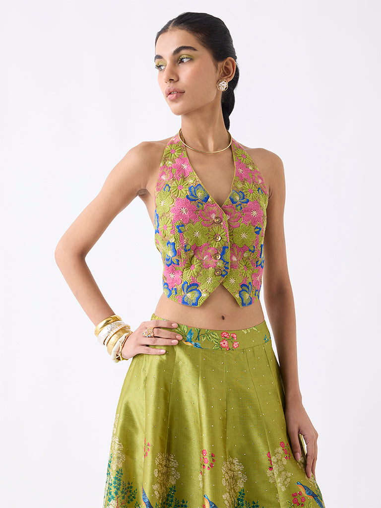 Vark Lime Floral Embroidered Waistcoat-Style Top