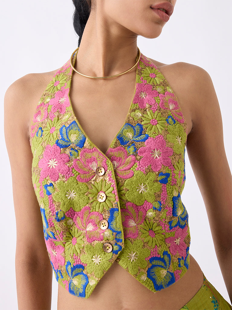 Vark Lime Floral Embroidered Waistcoat-Style Top - Image 3