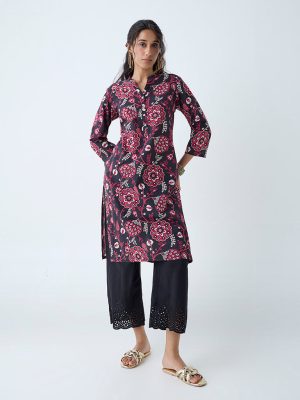 Utsa Black Botanical Design Cotton Straight Kurta