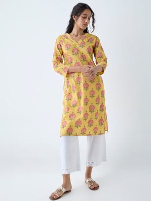 Utsa Yellow Floral Pattern Straight Cotton Kurta