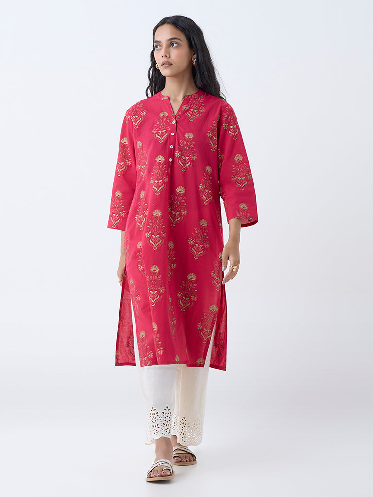Utsa Coral Floral Design Straight Cotton Kurta