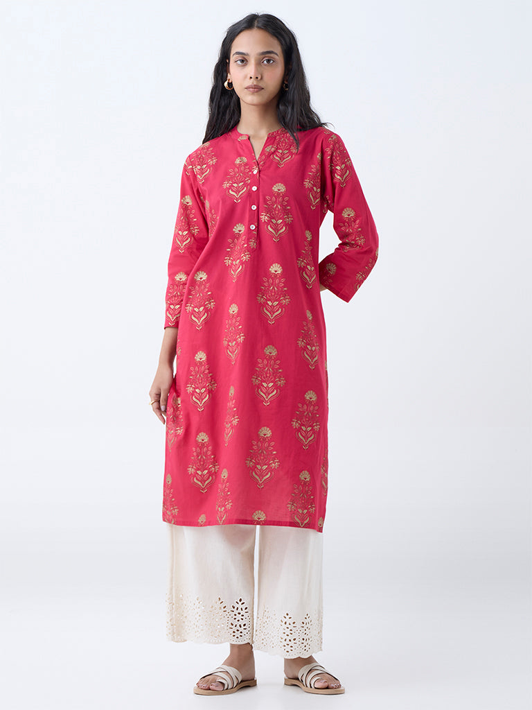Utsa Coral Floral Design Straight Cotton Kurta - Image 3