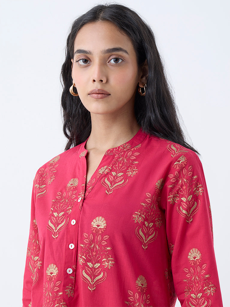 Utsa Coral Floral Design Straight Cotton Kurta - Image 2