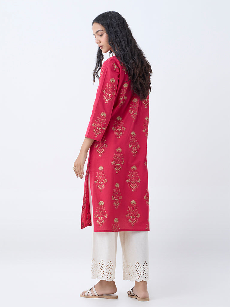 Utsa Coral Floral Design Straight Cotton Kurta - Image 4