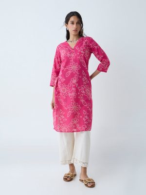 Utsa Pink Bandhani Floral Pattern Straight Cotton Kurta
