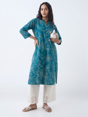 Utsa Teal Bandhani Printed Straight Cotton Kurta