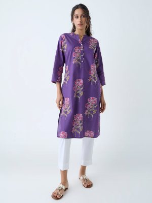 Utsa Purple Floral Detailed Cotton Straight Kurta