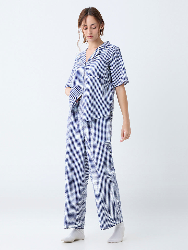 Wunderlove Navy Checkered Cotton Shirt and Pyjama Set - Image 2