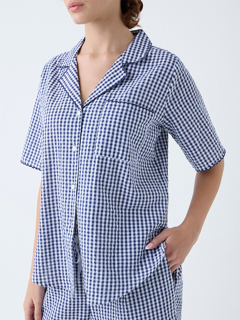 Wunderlove Navy Checkered Cotton Shirt and Pyjama Set - Image 3