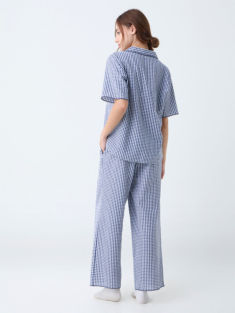 Wunderlove Navy Checkered Cotton Shirt and Pyjama Set - Image 4