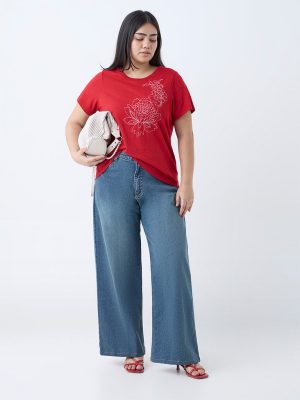 Gia Red Floral Embroidered Cotton T-Shirt