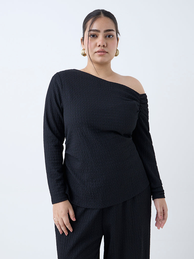 Gia Black Crinkle-Textured One-Shoulder Top