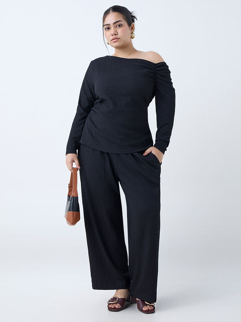 Gia Black Crinkle-Textured One-Shoulder Top - Image 2