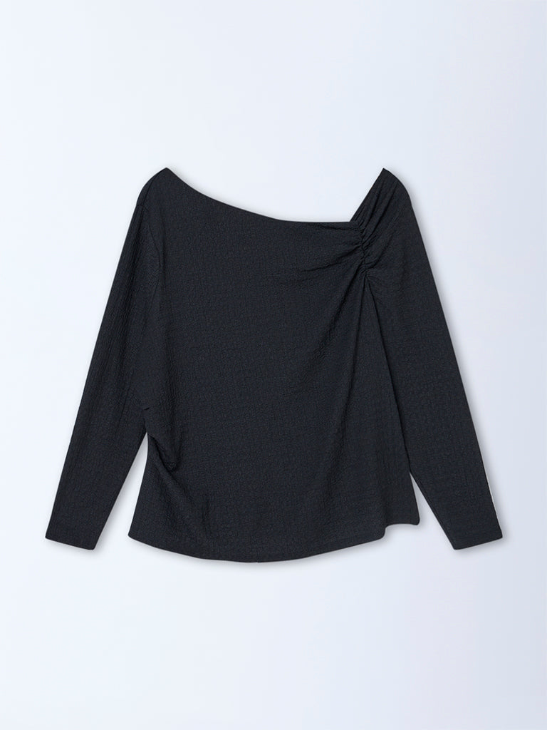 Gia Black Crinkle-Textured One-Shoulder Top - Image 5