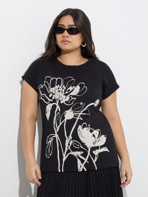 Gia Black Floral Pattern Cotton T-Shirt