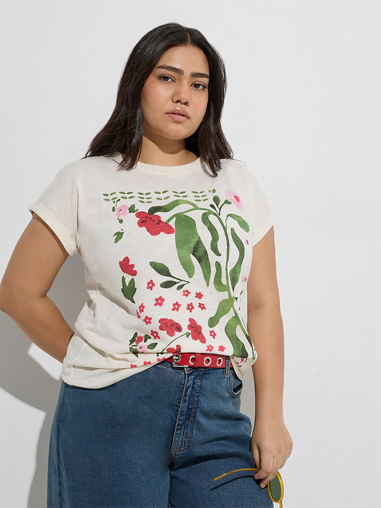 Gia Off-White Botanical Printed Cotton T-Shirt