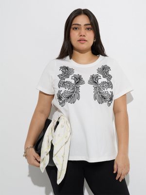 Gia White Leaf Design Cotton T-Shirt