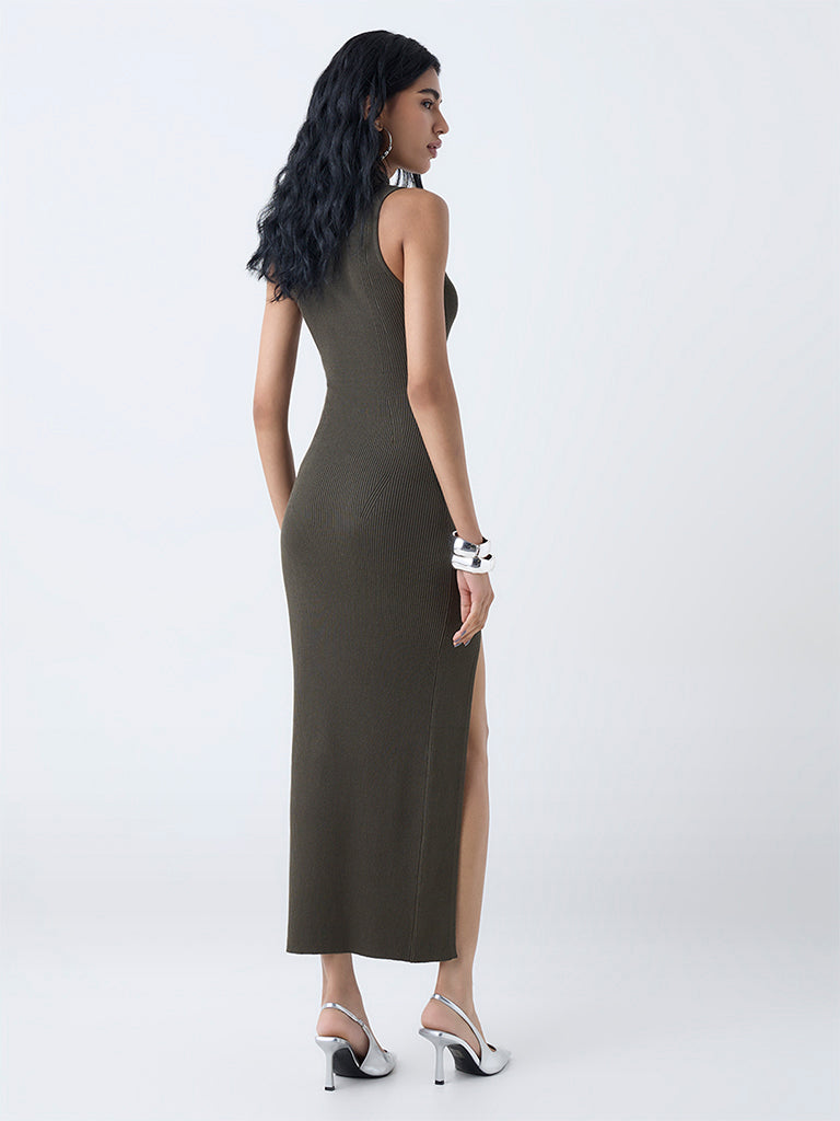 Nuon Olive Ribbed Bodycon Dress - Image 4