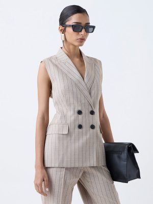 Wardrobe Beige Striped Sleeveless Blazer