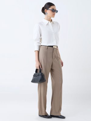 Wardrobe Taupe Solid High-Rise Trousers