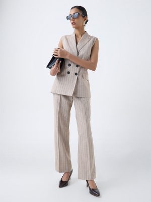 Wardrobe Beige Striped High-Rise Trousers