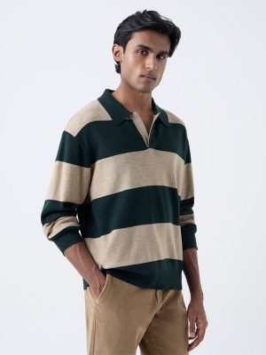 WES Casuals Dark Green Striped Relaxed-Fit Sweater