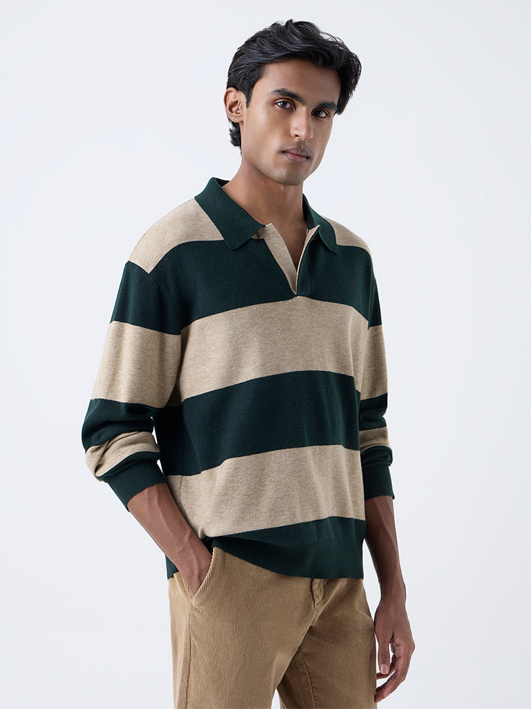 WES Casuals Dark Green Striped Relaxed-Fit Sweater