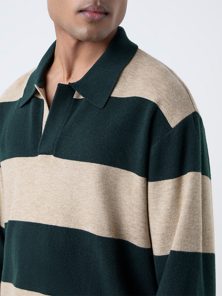 WES Casuals Dark Green Striped Relaxed-Fit Sweater - Image 3
