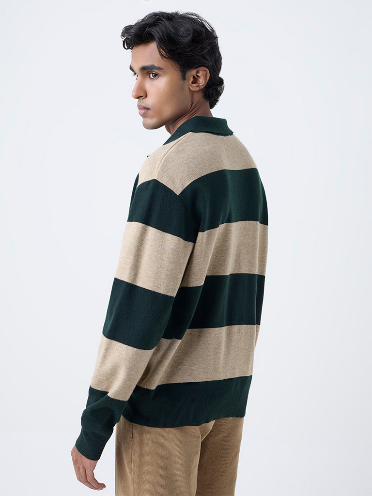 WES Casuals Dark Green Striped Relaxed-Fit Sweater - Image 4