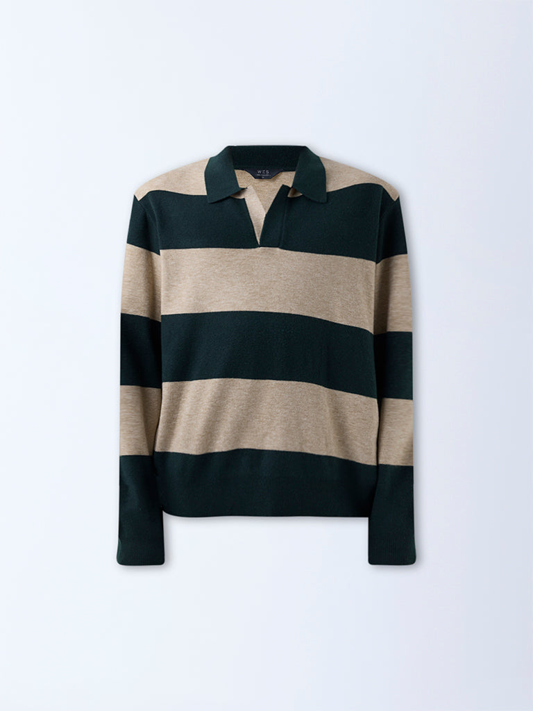 WES Casuals Dark Green Striped Relaxed-Fit Sweater - Image 5