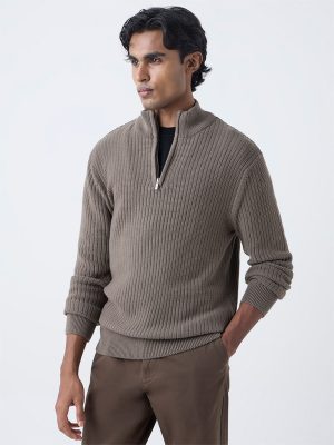 WES Casuals Dark Taupe Quarter-Zip Relaxed-Fit Sweater