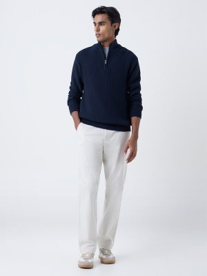 WES Casuals Navy Knitted Quarter-Zip Relaxed-Fit Sweater