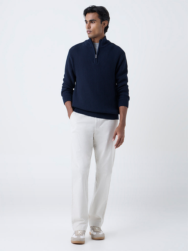 WES Casuals Navy Knitted Quarter-Zip Relaxed-Fit Sweater