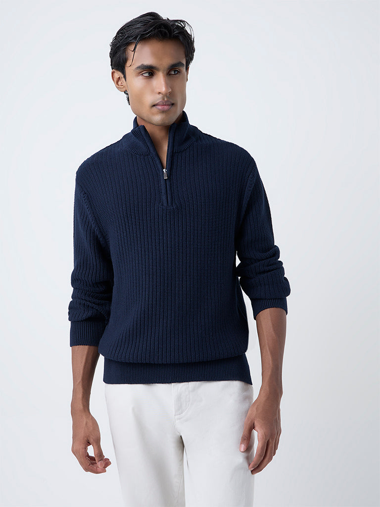 WES Casuals Navy Knitted Quarter-Zip Relaxed-Fit Sweater - Image 3