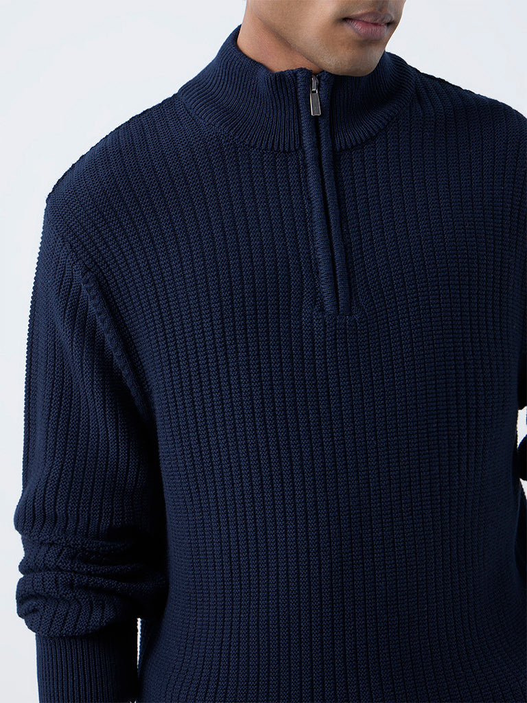 WES Casuals Navy Knitted Quarter-Zip Relaxed-Fit Sweater - Image 4
