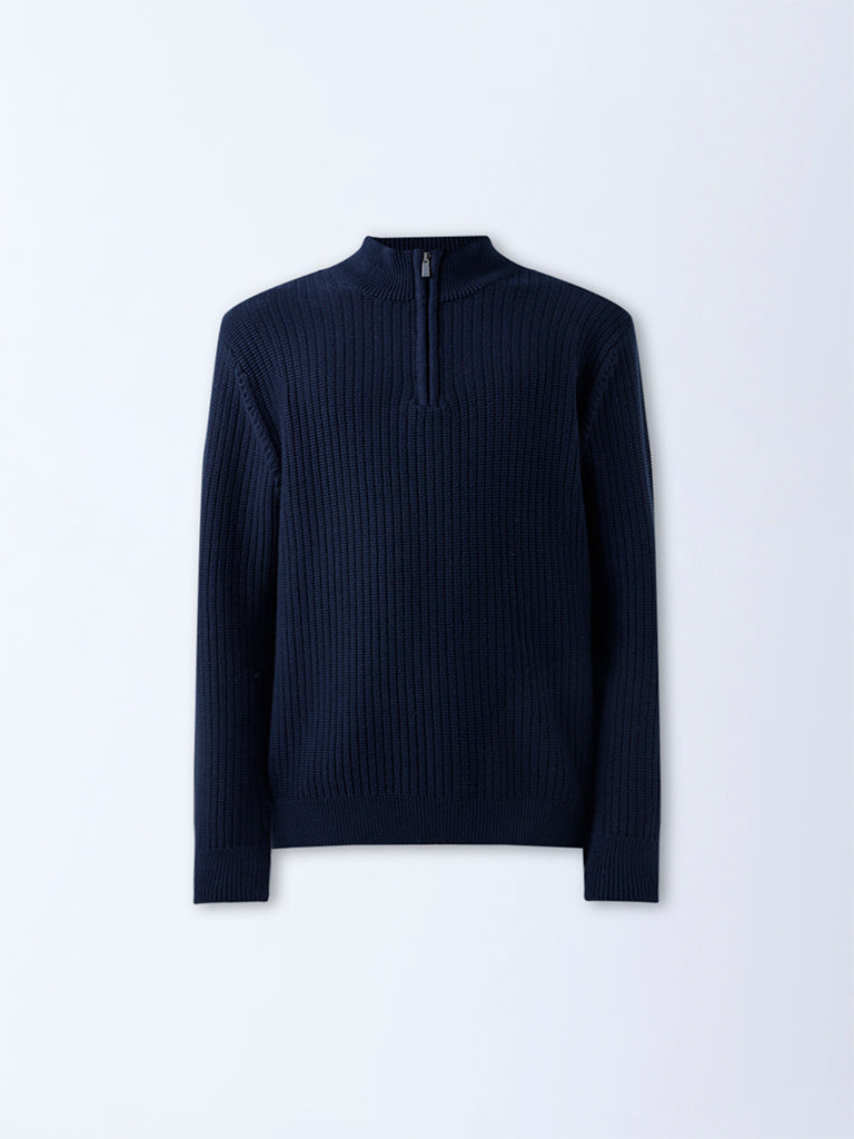 WES Casuals Navy Knitted Quarter-Zip Relaxed-Fit Sweater - Image 6