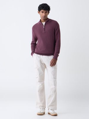 WES Casuals Plum Textured Relaxed-Fit Cotton-Blend Sweater