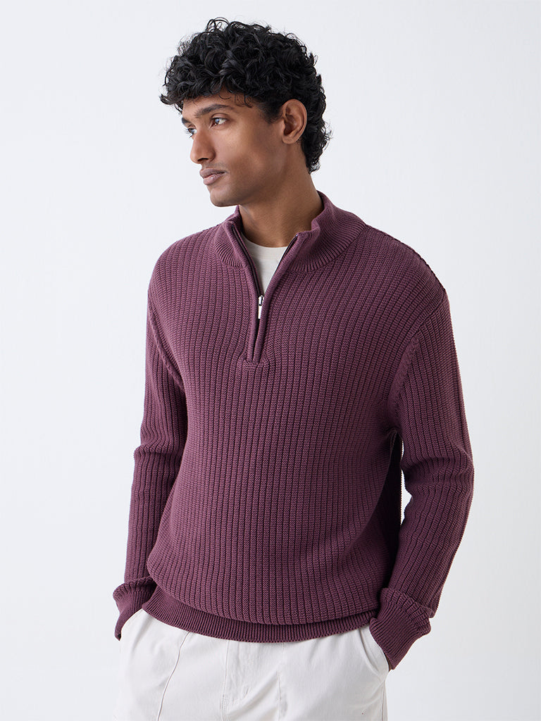 WES Casuals Plum Textured Relaxed-Fit Cotton-Blend Sweater - Image 3