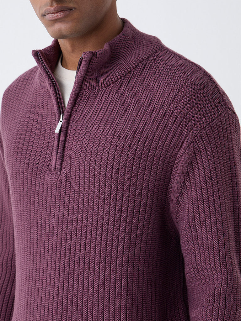 WES Casuals Plum Textured Relaxed-Fit Cotton-Blend Sweater - Image 4