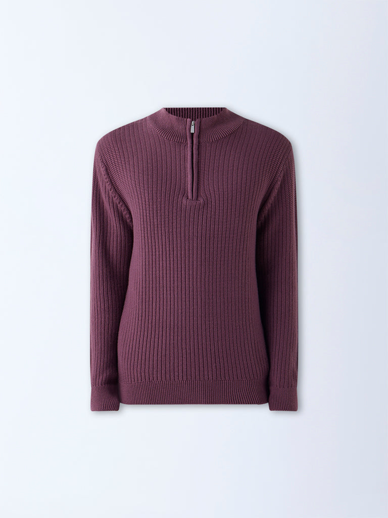 WES Casuals Plum Textured Relaxed-Fit Cotton-Blend Sweater - Image 6