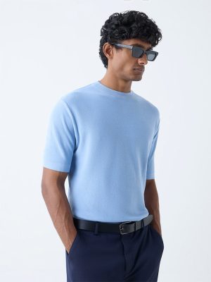WES Formals Blue Knitted Slim-Fit T-Shirt