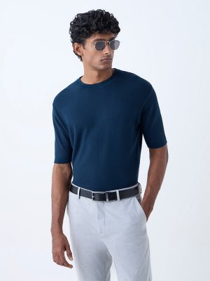 WES Formals Dark Teal Knitted Slim-Fit T-Shirt