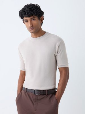 WES Formals Beige Solid Slim-Fit T-Shirt