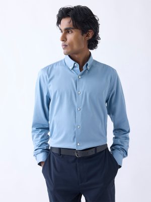 WES Formals Dusty Blue Slim-Fit Cotton-Blend Shirt