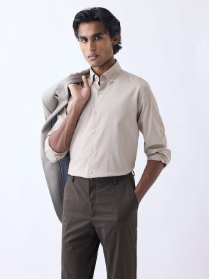 WES Formals Beige Slim-Fit Cotton-Blend Shirt