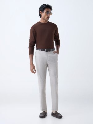 WES Formals Beige Checkered Slim-Fit Mid-Rise Trousers